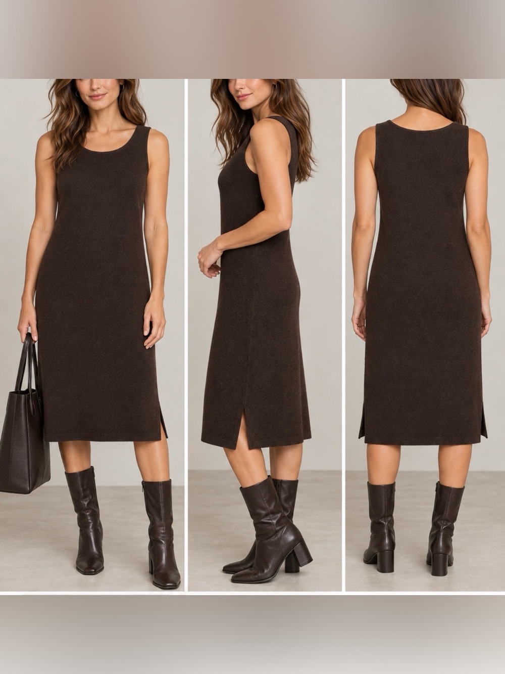 Vintage Eileen Fisher 100% Wool Dark Brown Knit Midi Tank Dress S Minimalist VTG